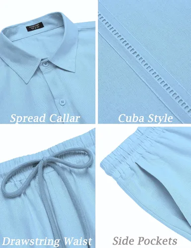 Vista 5 de COOFANDY Conjunto de 2 piezas de lino para hombre, camisa con botones y pantalones cortos