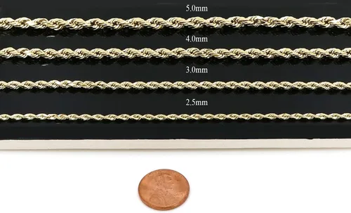 Vista 2 de Cadena de cuerda de oro amarillo con corte de diamante macizo real de 14 k de 40,6 a 26.0in, 0.098in