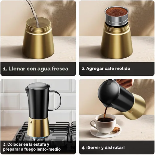 Vista 3 de Cafetera de acero inoxidable Moka Pot de 6 tazas (12 onzas líquidas), cafetera de estufa para inducción, estufas de gas y eléctricas, cafetera