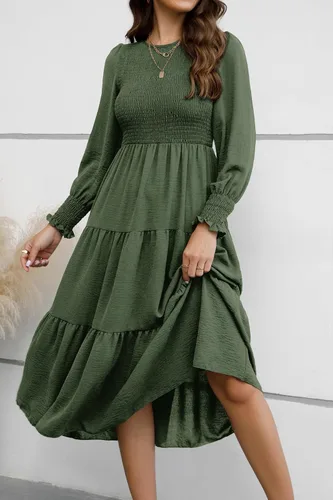 Vista 2 de ZOOMOON Vestido casual de otoño de manga larga para mujer, cuello redondo, cintura alta fruncida, vestidos largos escalonados