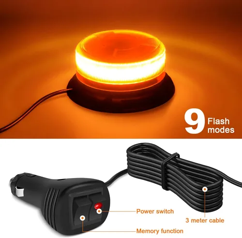 Vista 8 de Luz estroboscópica ámbar de 9 patrones magnéticos para camiones y quitanieves 24 LED de cobertura de 360°, cable de 10 pies, imán fuerte, 12-24 V