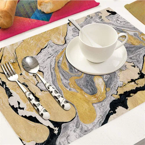 Vista 5 de Juego de 4 manteles individuales negros y dorados, con tinta de mármol negro, dorado, plateado, pintura abstracta, hermoso efecto gris, aguamarina