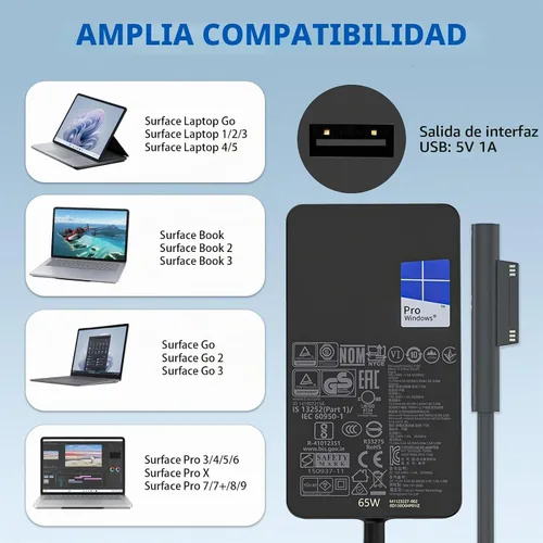 Vista 4 de Cargador original para portátil de 65 W, 44 W, 1796, 1706, 1800, 1625, compatible con Microsoft Surface Pro 10 9 8 7+ 7 6 Windows 5 4 3 2 Fit