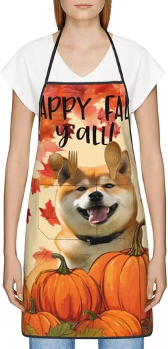 Vista 3 de nopicsn Happy Fall Y'all Dog Shiba Apron for cooking with Pockets Women Men Kitchen Chef Funny Aprons