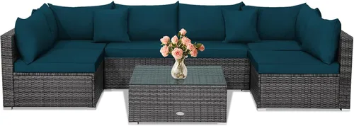 Vista 25 de Tangkula Juego de 2 sofás de mimbre para exteriores, sin brazos, juego de sofá modular de ratán para patio con 2 cojines de asiento gruesos y 2