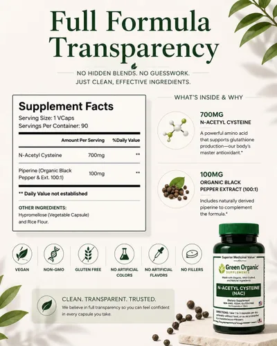 Vista 7 de Suplementos orgánicos verdes N-acetil cisteína (NAC) 700 mg Apoya la producción de glutatión, actividad antioxidante y salud celular 90 cápsulas