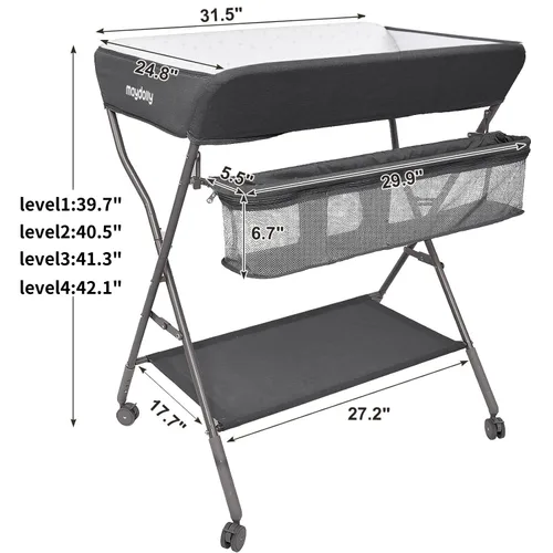 Vista 8 de Mesa de Cambiar para Bebé con Ruedas, Maydolly Estación de Pañales Portátil Ajustable en Altura Plegable con Organizador de Guardería y Estante