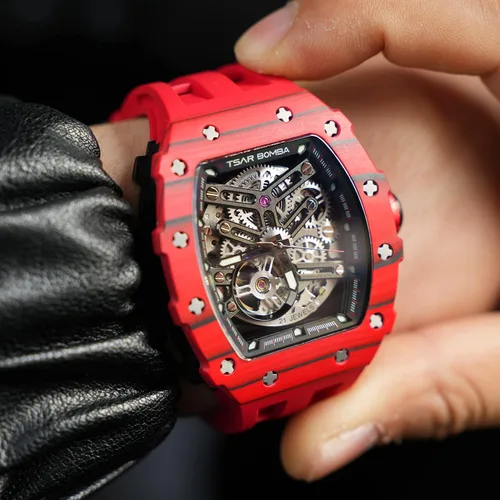 Vista 5 de Reloj para hombre, reloj mecánico automático de esqueleto para hombre, 164.0 ft, impermeable, de lujo, Tonneau, cuadrado, esfera grande, con correa