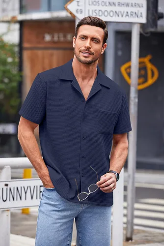 Vista 3 de COOFANDY Camisa de manga corta con botones para hombre, ajuste holgado, para playa cubana