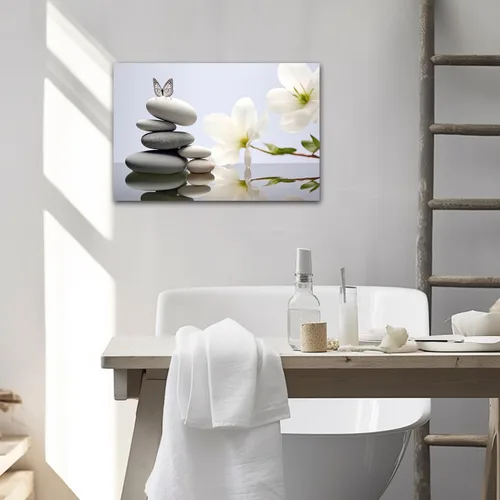 Vista 4 de CXHOSTENT Cuadro zen para decoración de baño, impresiones en lienzo con flores blancas y mariposas sobre piedra, arte de pared para baño, yoga, spa