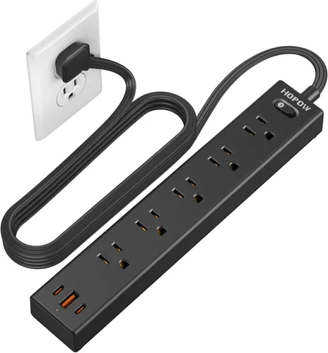 Vista 9 de HOPOW Regleta de alimentación de enchufe plano, cable de extensión ultrafino de 3 pies, protector de sobretensiones con 5 salidas y 3 puertos USB
