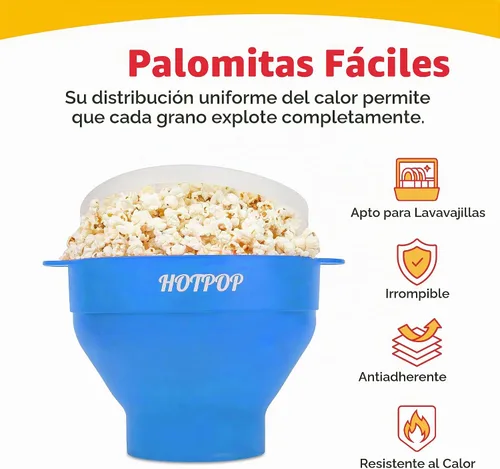 Vista 4 de El Hotpop Original - Palomitero para microondas, Popcorn, contenedor de silicona para hacer palomitas de maíz, cuenco plegable sin BPA y apto