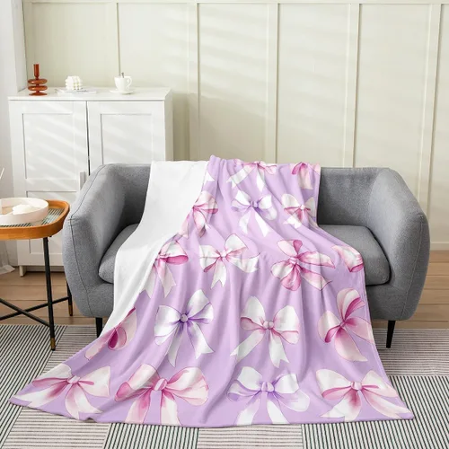 Vista 35 de Erosebridal Manta de franela con nudo de lazo para niñas, 40 x 50 pulgadas, diseño de rayas de diamante, para sofá cama y cama de vellón para niños