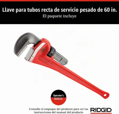 Vista 2 de RIDGID 31045 Llave de tubería recta modelo 60 resistente, llave de fontanería de 60 pulgadas, rojo, mediana