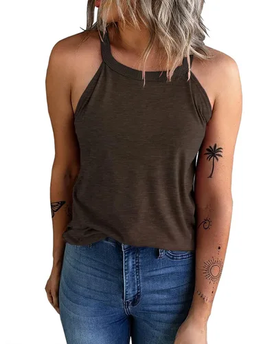 Vista 2 de KINLONSAIR - Camisetas de verano sin mangas con cuello redondo para mujer, camisetas sin mangas, para entrenamiento, informales, básicas, cuello