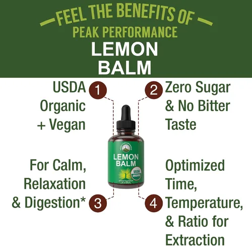 Vista 2 de Peak Performance USDA Organic Lemon Balm Tintura – Suplemento líquido de gotas de aceite para relajación, calma, digestión – Extracto de hoja vegano