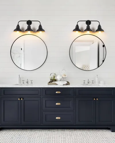 Vista 5 de Lámparas de tocador de baño de granja de 25 pulgadas, lámparas de baño de 3 luces sobre espejo, apliques rústicos de pared con pantalla de metal