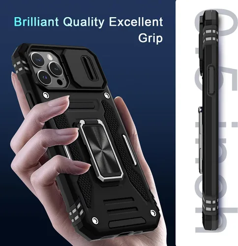 Vista 7 de DEERLAMN Funda para iPhone 13 Pro Max con cubierta deslizante para cámara + protector de pantalla (1 unidad), anillo giratorio con soporte de grado