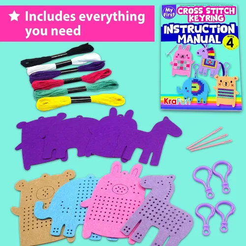 Vista 2 de KRAFUN Kits de Punto de Cruz para Niños Principiantes, 4 Llaveros de Punto de Cruz Artes y Manualidades con Animales, Unicornio, Kit de Bordado