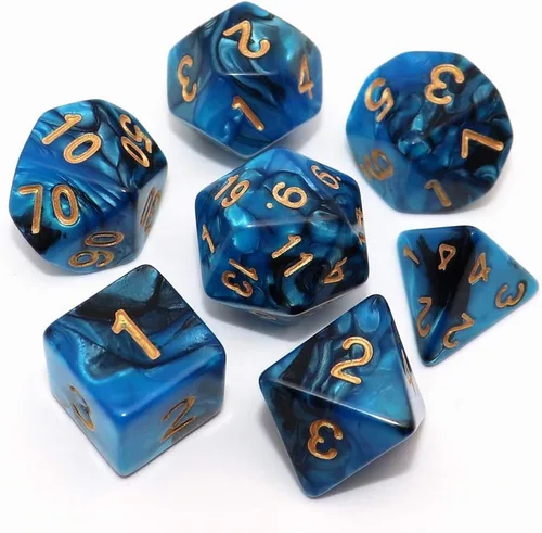 Vista 15 de Juego de dados poliédricos DND con brillo para juegos de rol de mazmorras y dragones (D&D) RPG, dados verdes mezclados con nebulosa negra