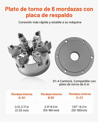 Vista 3 de VEVOR - Portabrocas para torno de 6 mandíbulas, 6 pulgadas (152 mm), portabrocas autocentrante con placa de respaldo D1-4 Cam Lock, rango