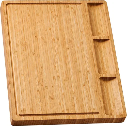Vista 9 de Allsum Tablas de cortar de madera de bambú para cocina, bloque de carnicero extra grueso de 1 pulgada con ranuras para jugo y asas resistentes a
