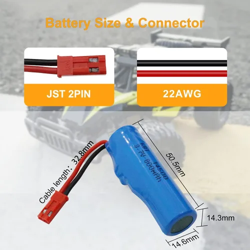 Vista 3 de KBT - Paquete de 2 baterías recargables de iones de litio de 3.7 V 800 mAh 10C de alto drenaje con conector JST de 2 pines y cable de carga USB