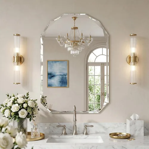 Vista 11 de Suidia Espejo de baño, espejo de pared de 20 x 20 pulgadas, espejo de baño sin marco con borde biselado para dormitorio, sala de estar, entrada