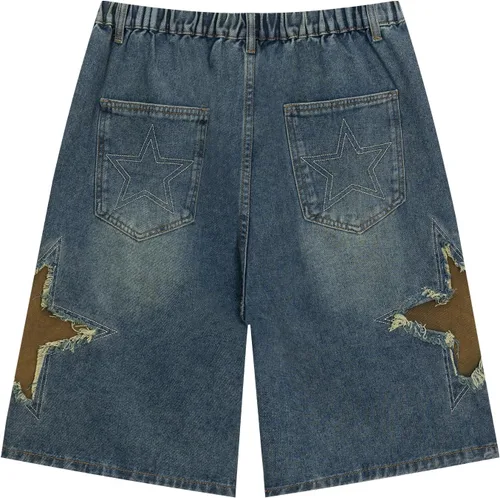 Vista 5 de Vamtac Pantalones cortos de mezclilla para hombre, diseño de retazos de estrellas, tiro medio, casual, holgado, para verano, pantalones de mezclilla
