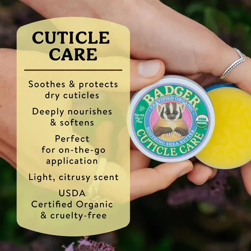 Vista 2 de Badger Crema orgánica para cutículas, manteca de karité, lata de 0.75 onzas