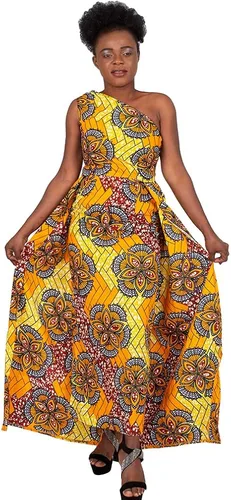 Vista 2 de iooiooi Vestidos de moda con cola de golondrina, vestido largo con estampado de Dashiki de un hombro