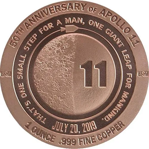 Vista 3 de Moneda redonda de cobre puro .999 de 1 oz (Apolo 11 50 aniversario)