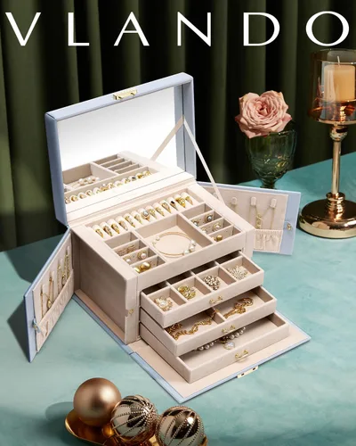Vista 5 de Vlando Caja organizadora de joyas de terciopelo para mujer, caja de almacenamiento grande de joyería de cuero con cerradura, espejo, 3 cajones