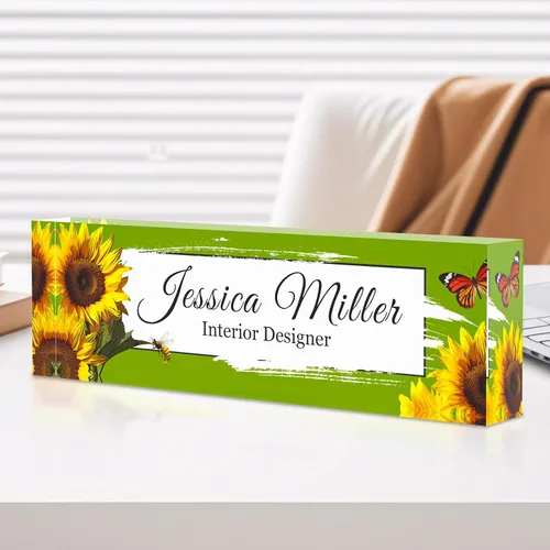 Vista 86 de Placa de identificación personalizada para escritorio, decoración de oficina de acrílico transparente con diseño de flores, decoraciones