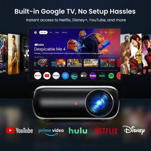 Vista 2 de HAPPRUN Proyector Native 1080P, proyector de cine en casa Bluetooth con altavoz integrado, compatible con teléfono inteligente, HDMI, Fire Stick