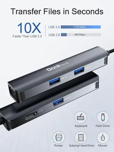 Vista 6 de Hub Ethernet USB C, adaptador multipuerto 5 en 1 de dockteck con USB C a 4K HDMI, LAN de 1 Gbps, 3 USB 3.0, para MacBook Air/Pro, iPad Air/Pro