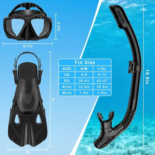 Vista 5 de Snorkeling Gear for Adults, Mask Fin Snorkel Set, Dry Top Snorkel Mask, Panoramic View Anti-Leak Anti-Fog 3 in 1 Snorkeling Kit Travel Diving