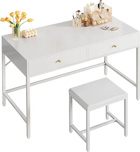 Vista 8 de SUPERJARE Escritorio blanco y dorado de 35.4 pulgadas con 2 cajones, tocador de maquillaje moderno con taburete acolchado, escritorio pequeño
