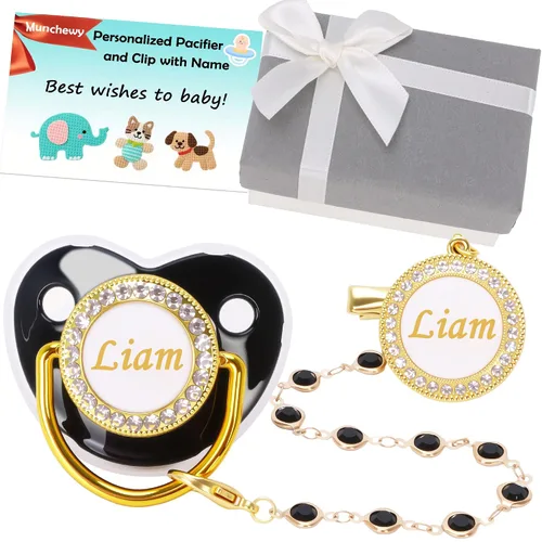 Vista 15 de Chupete personalizado con nombre, juego de clip para chupete dorado brillante con caja de regalo, tarjeta de felicitación, lujoso chupete de cristal