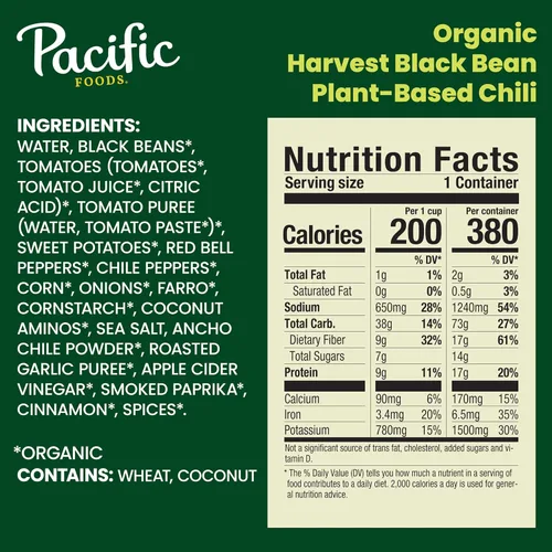 Vista 2 de Pacific Foods Organic Harvest - Chile de frijoles negros, a base de plantas, lata de 16.5 onzas (caja de 12)