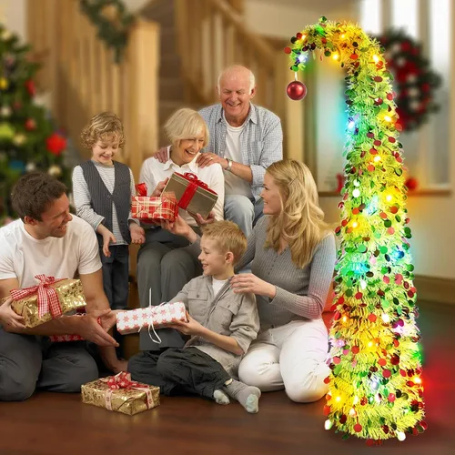 Vista 6 de 5ft Pop Up Artificial Christmas Tree with LED Lights for Holiday Decor Green Pre-Lit Christmas Tree, 1 Red Ball, Artificial Collapsible Skinny Verde