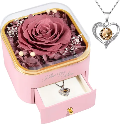 Vista 18 de Beferr Regalos de cumpleaños para mujeres, rosa real preservada con collar, rosas moradas eternas, flores para la entrega, aniversario, día de la A