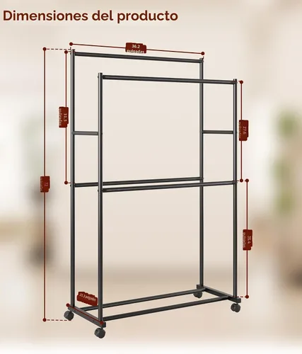 Vista 9 de Perchero de ropa de 36.2 x 21.3 x 72 pulgadas, 4 barras de doble barra de metal con ruedas para colgar ropa, perchero portátil con ruedas