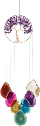 Vista 10 de Yoption Campanilla de viento conmemorativa con diseño de árbol de la vida, 7 chakras de cristal natural para decoración del hogar, jardín, 15.7-17.7