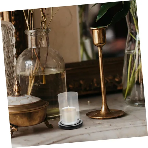 Vista 4 de Candelabro de cristal con base de madera transparente para chimenea, tubo de chimenea, soporte para velas, cilindro de vidrio, placa de vela