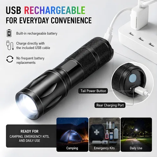 Vista 6 de Linterna recargable roja 4 en 1, linterna LED multicolor (blanco/rojo/azul/verde) con 4 modos, linterna con zoom de alto lúmenes para camping