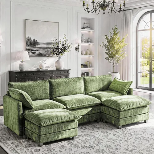 Vista 9 de LEVELEVE Sofá modular en forma de L de 112 pulgadas con 1 otomana, cama convertible de nube de asiento profundo, 3 cojines de 2 brazos, muebles Gris