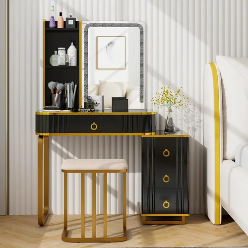 Vista 2 de CHARMAID RBG - Mesa de tocador de maquillaje LED, espejo iluminado colorido, 7 modos dinámicos y 7 estáticos, baúl de 3 cajones, 3 estantes, cajón