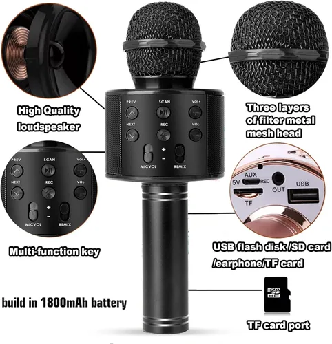 Vista 2 de Micrófono de karaoke inalámbrico Bluetooth Altavoz portátil de micrófono de mano 3 en 1 para todos los teléfonos inteligentes Regalos Negro