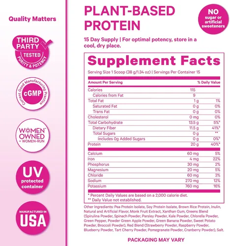 Vista 6 de Pink Stork Proteína en polvo para mujeres, 0.71 oz de proteína en polvo a base de plantas con fibra + superalimentos, sin gluten, sin lácteos, sin